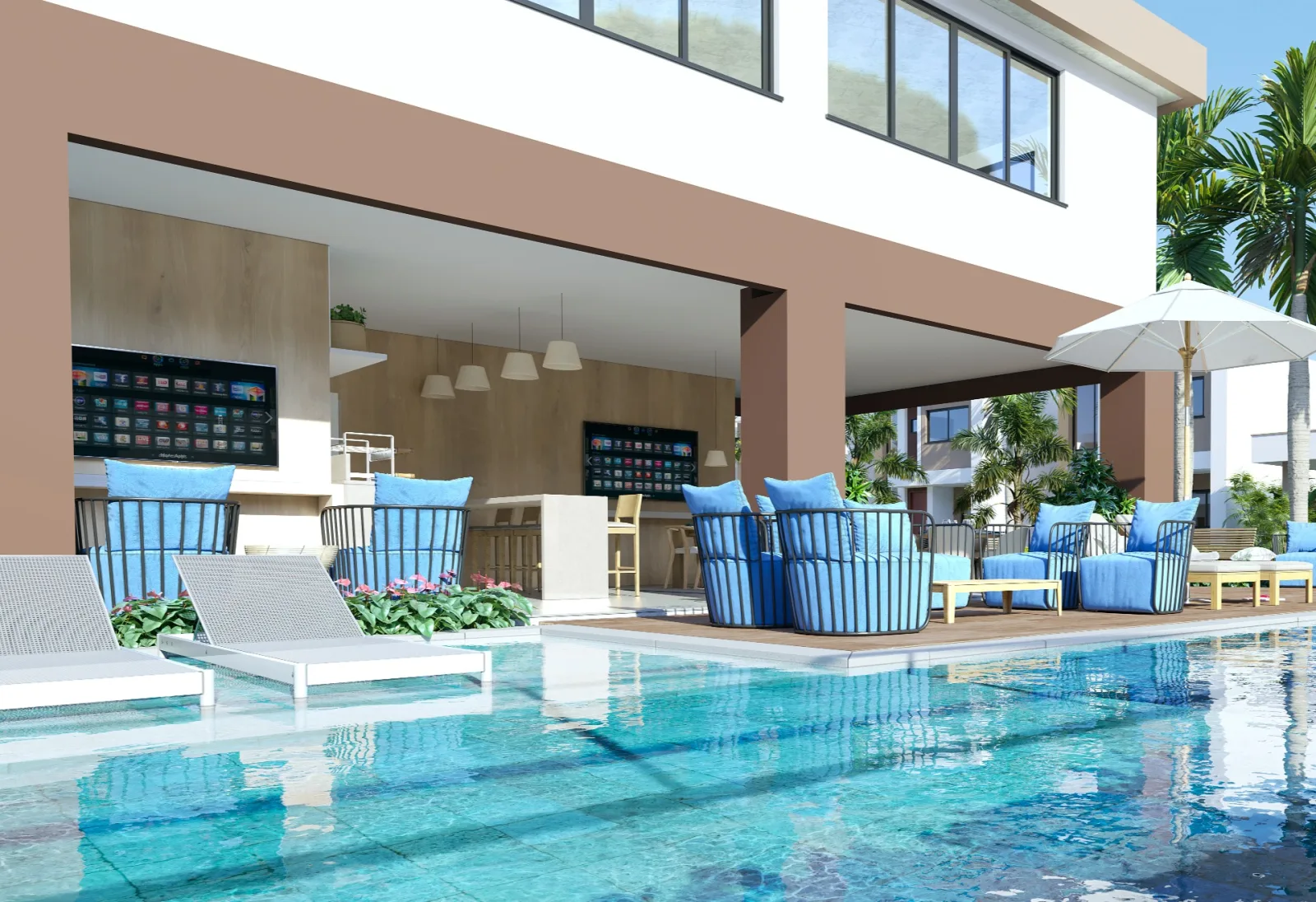 Perspectiva ilustrativa da piscina e varanda gourmet